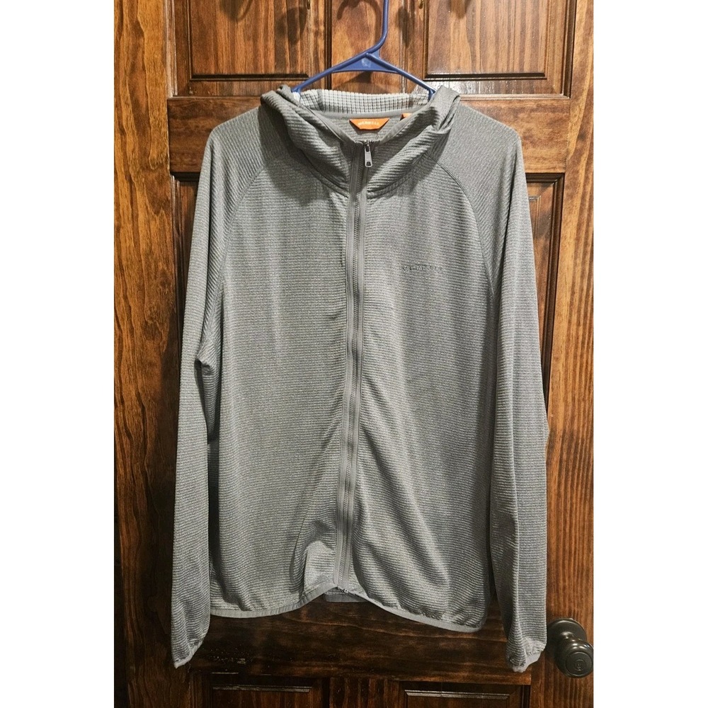 Merrell Mens Gray Grid Fleece Waffle Print Full Zip Hooded Jacket Size Large